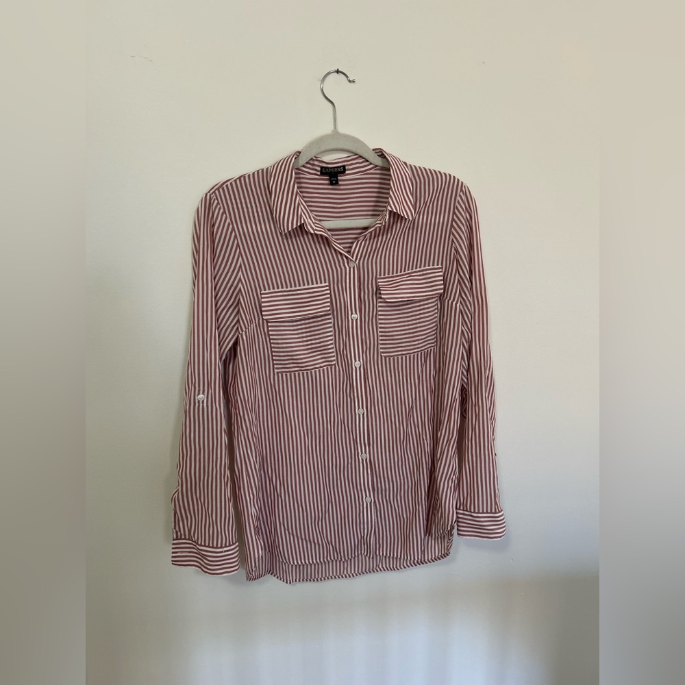 Express red (like a rustic red) collared button down top.